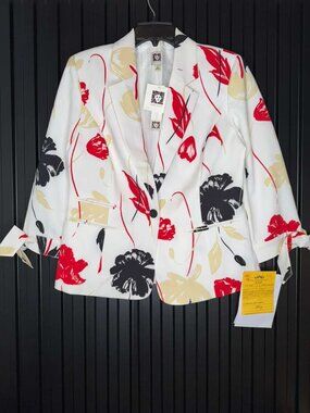 Anne Klein Floral One Button Blazer Jacket White Red Black Size M Tie Sleeve NWT